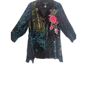 Ali Miles Button Up Tunic Top Artsy Embroidered Velvet Burnout Patchwork Large